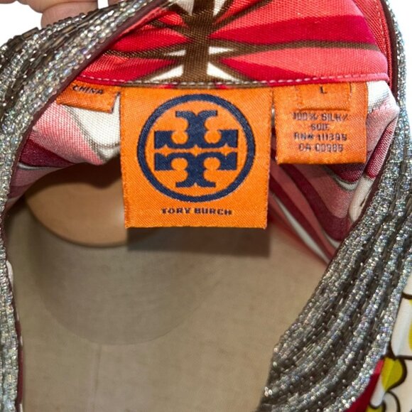 tory burch heavily beaded embellished red yellow floral 100% silk tunic top L - Picture 2 of 4